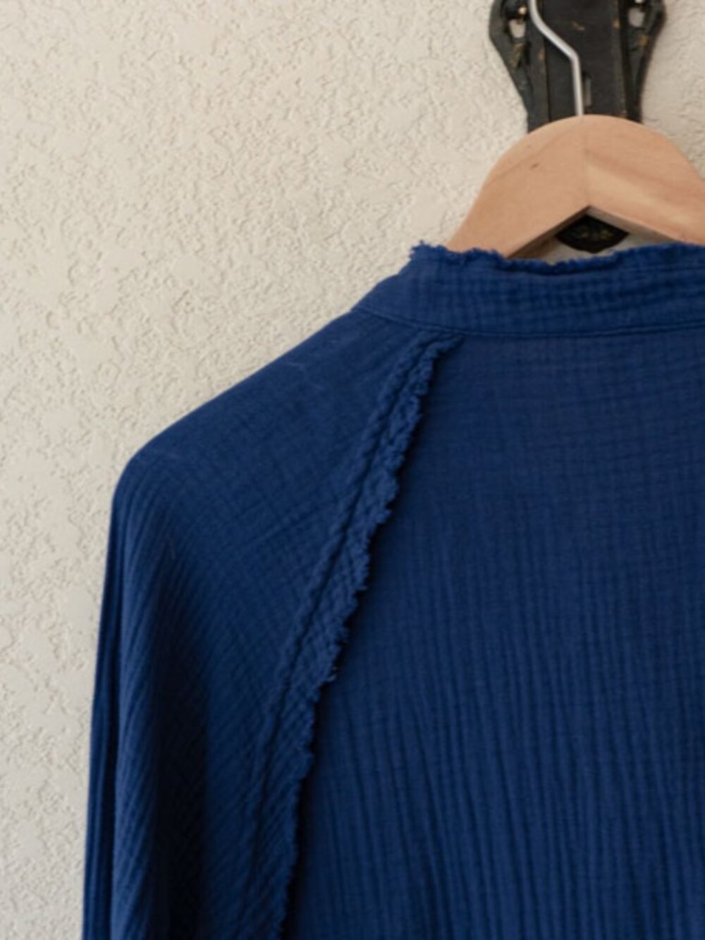 Zenana Gauze Button Up Shirt Blue Raw Hem Oversized Pocket Top Cotton Small - Picture 10 of 13